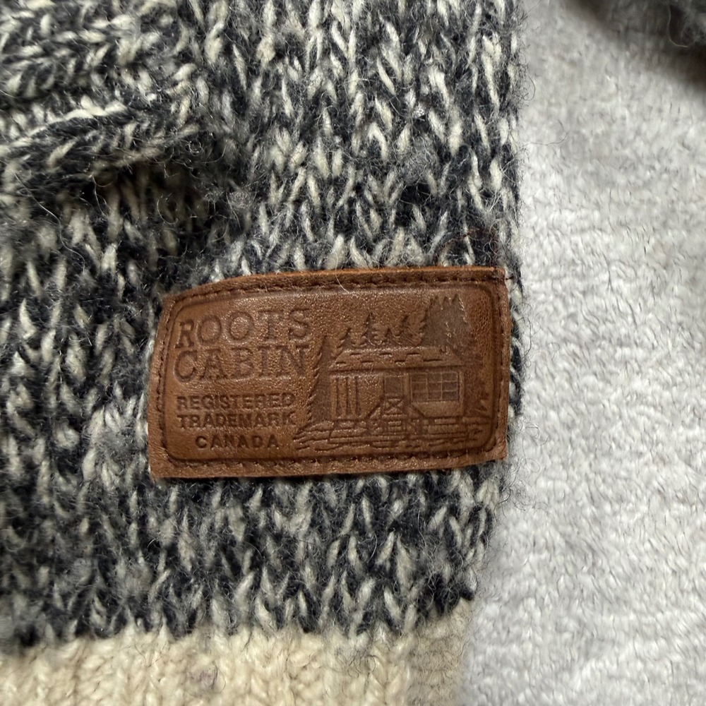 Roots Cabin Sweater Womens XL Grey Wool Blend Shawl Collar Elbow Patch Cardigain